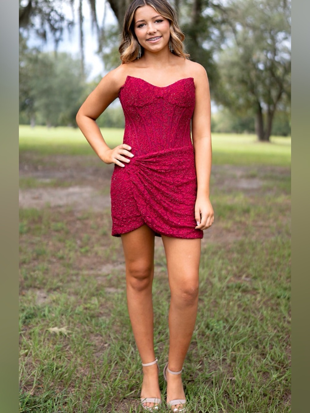 Sherri Hill Strapless Sweetheart Mini Dress in Wine Red